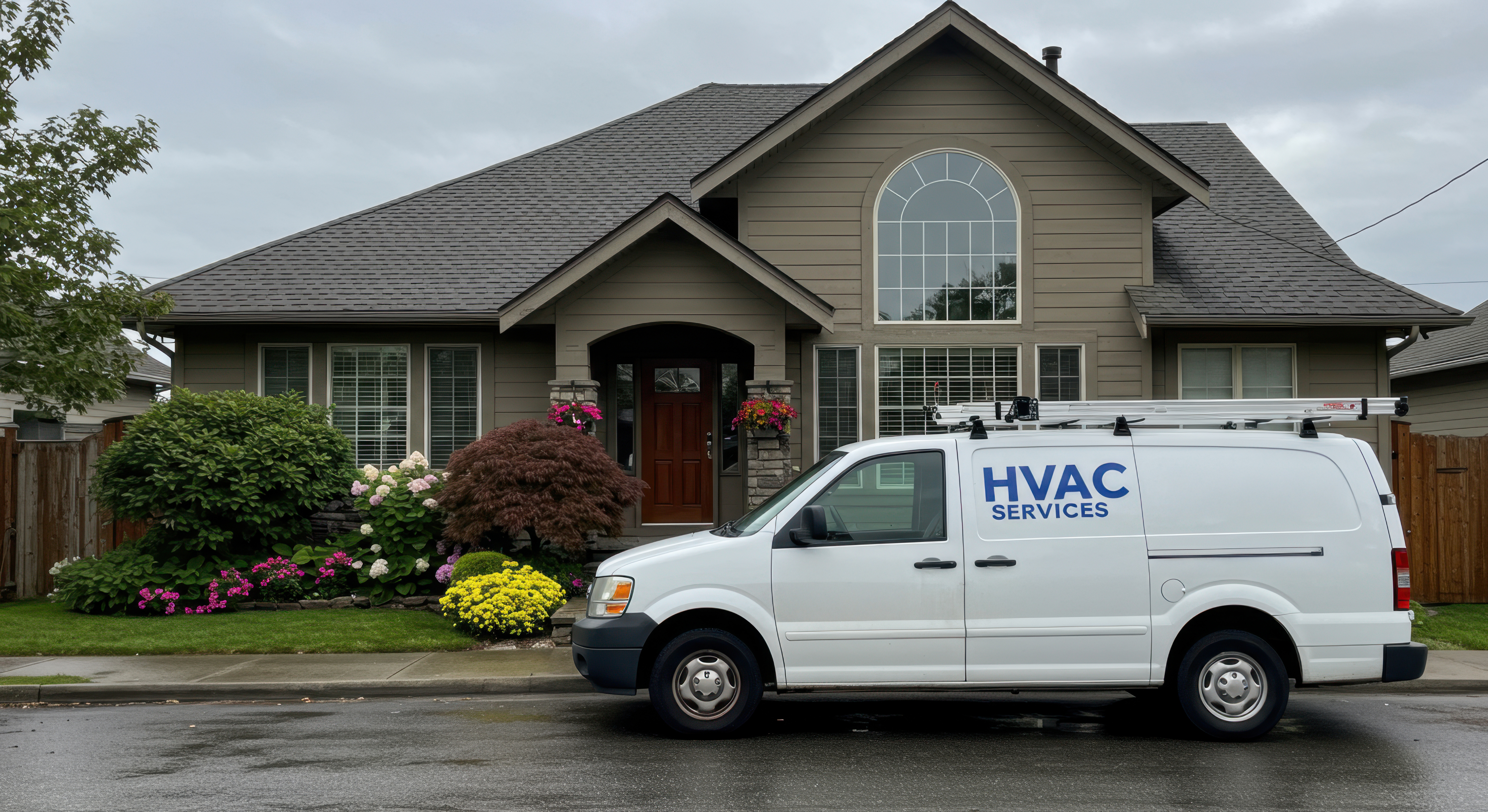An HVAC services van parked in front of a craftsman home on a quiet residential street