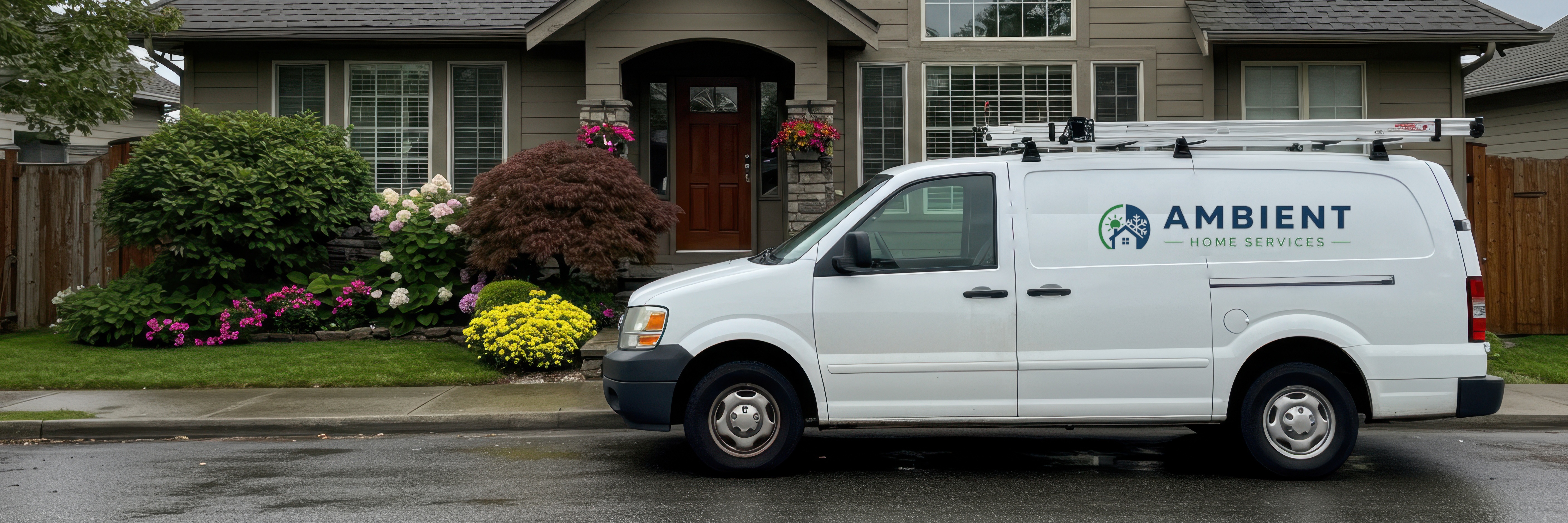 An HVAC services van parked in front of a craftsman home on a quiet residential street
