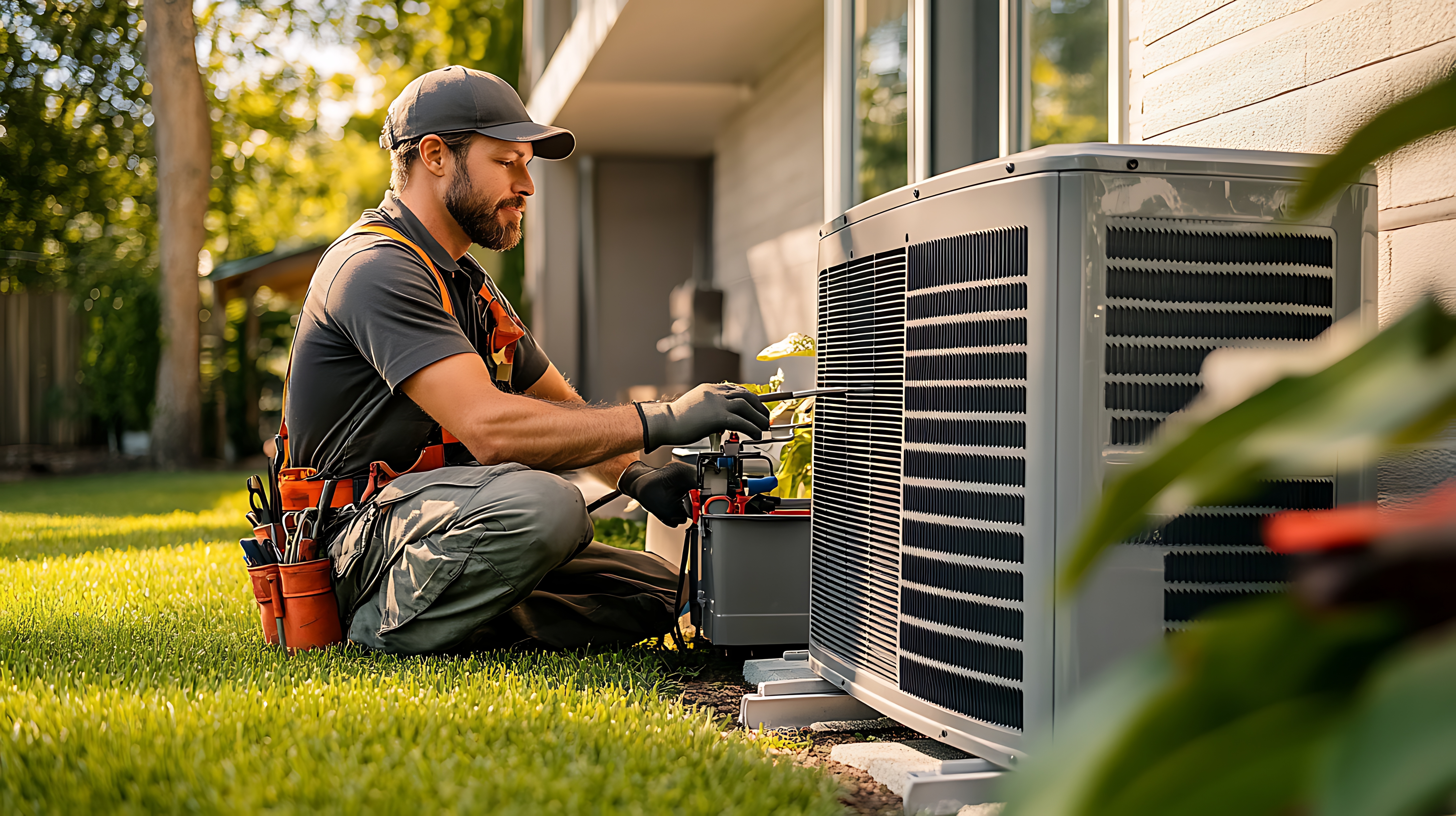 An HVAC technician working at an outdoor condenser unit in late-afternoon golden light