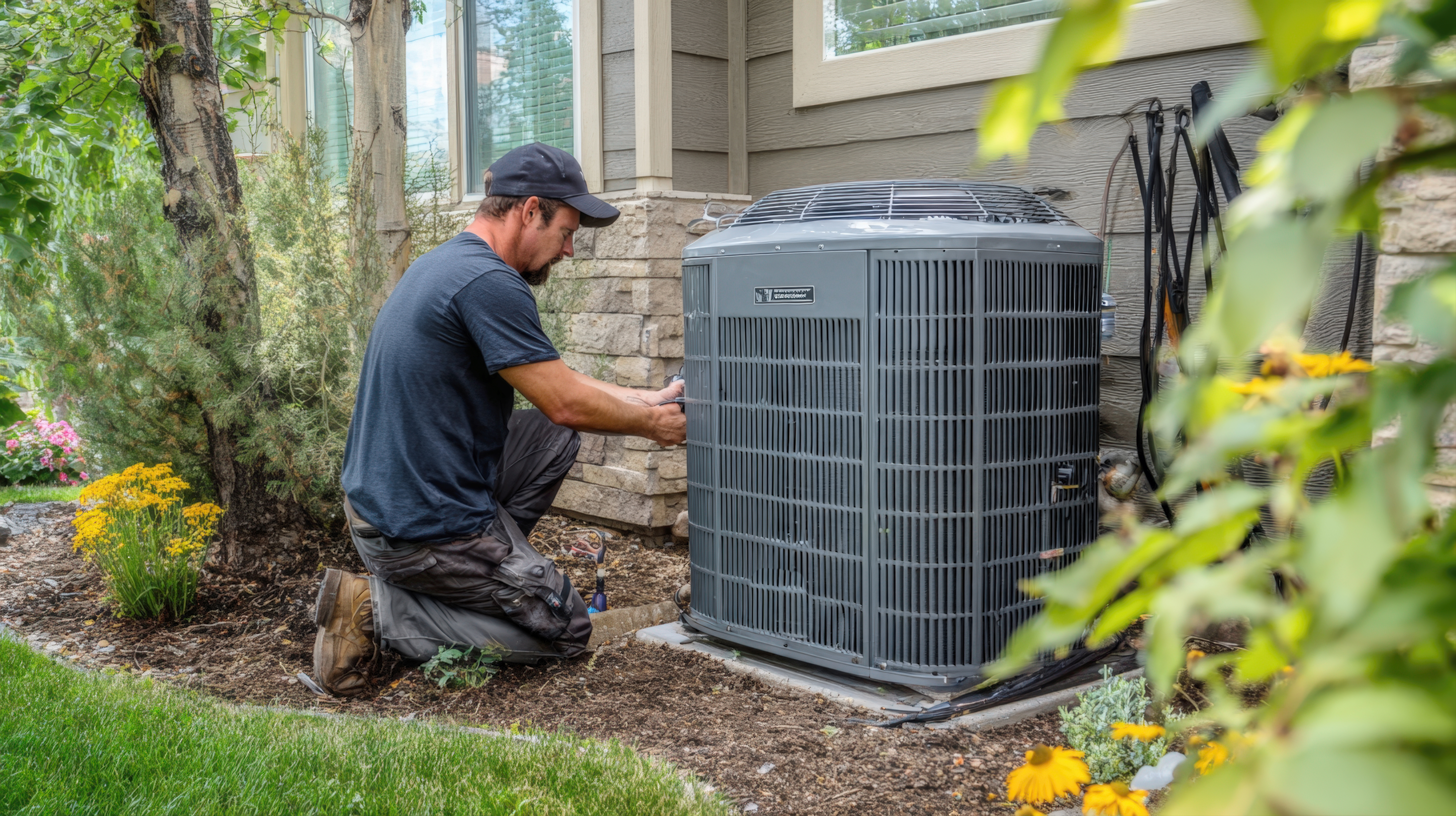 An HVAC technician kneeling beside an outdoor condenser unit at a residential home