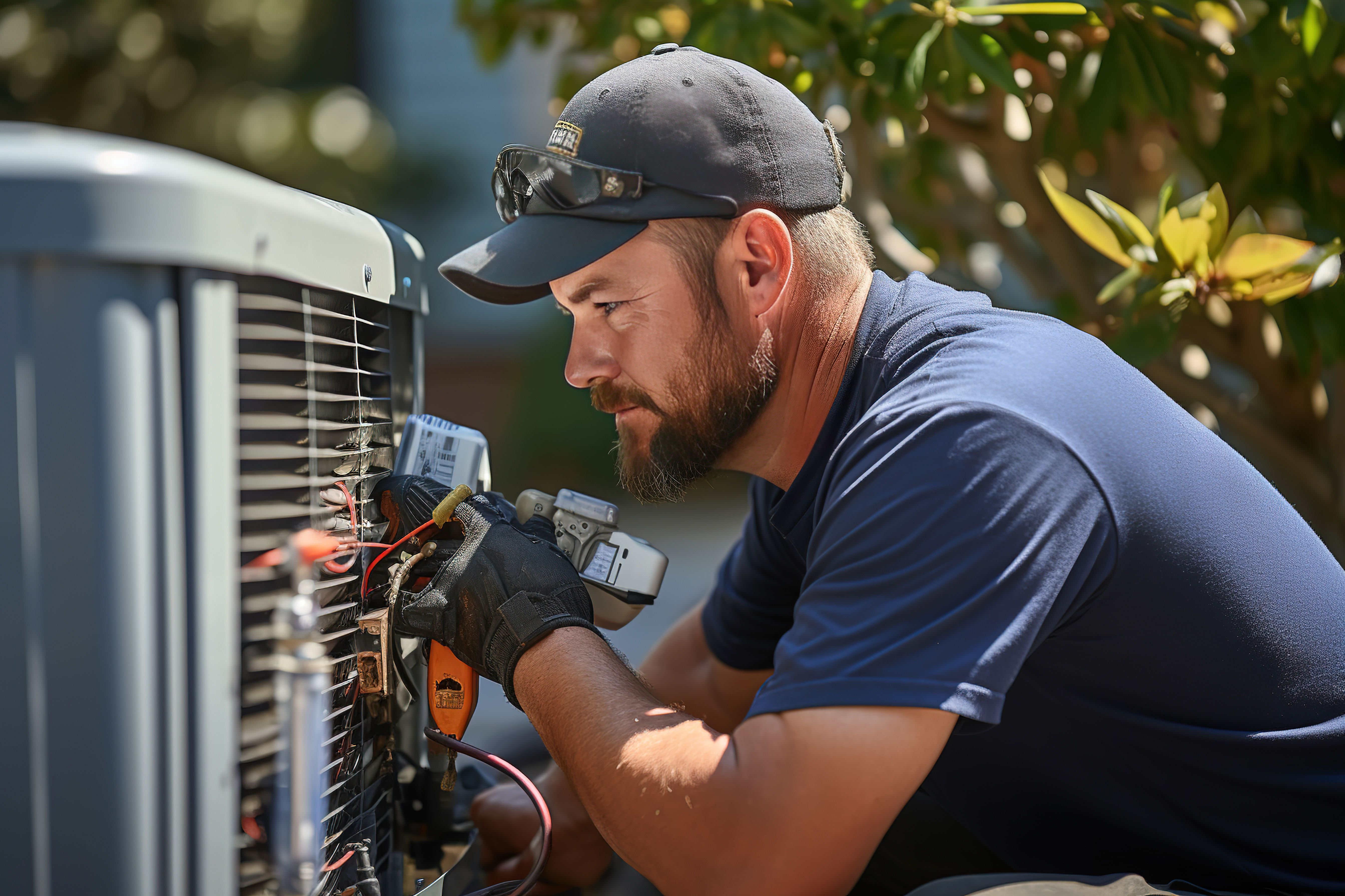 A focused HVAC technician working on the wiring of an outdoor AC unit