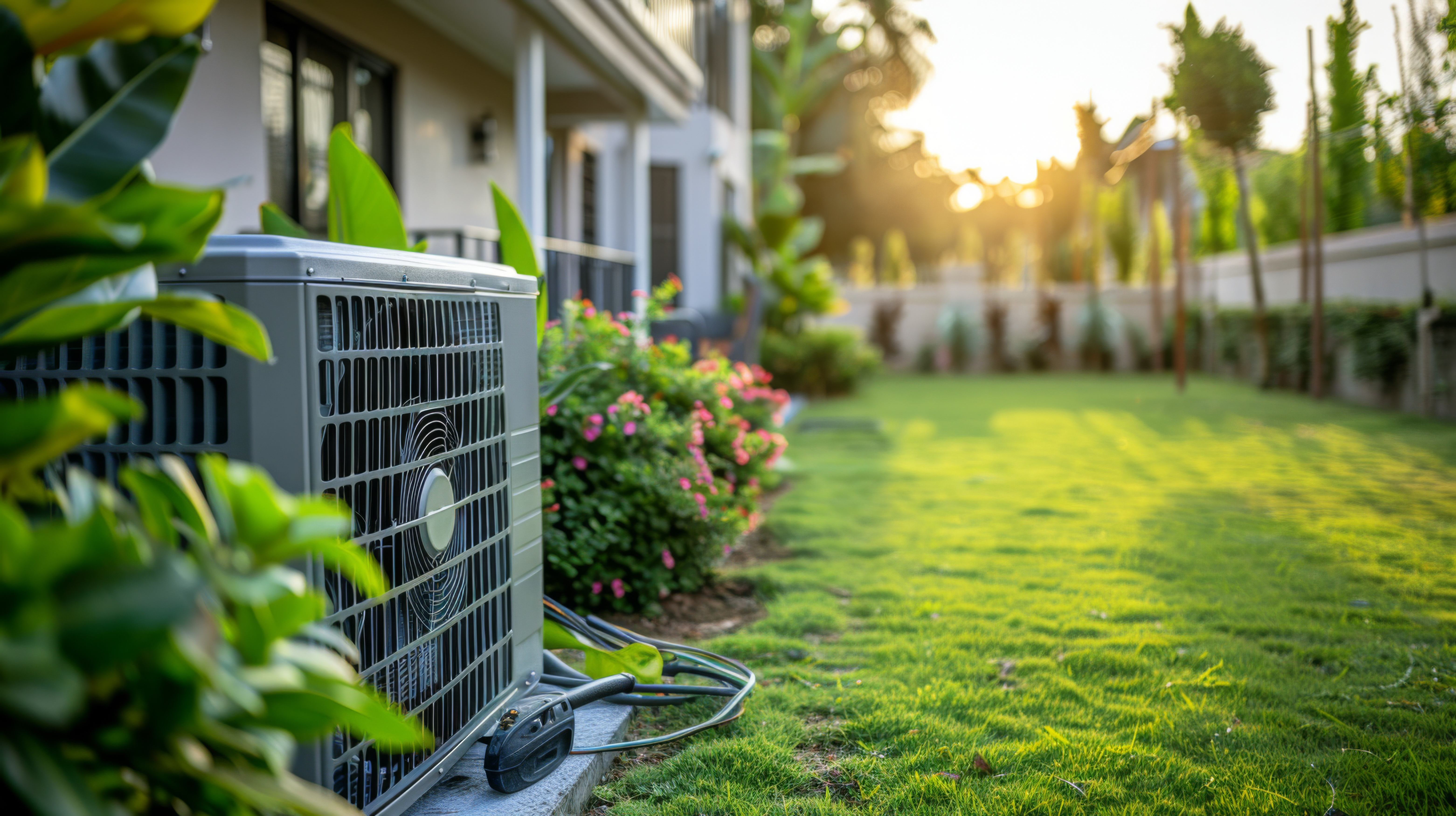 An outdoor AC condenser beside a residential lawn at golden hour